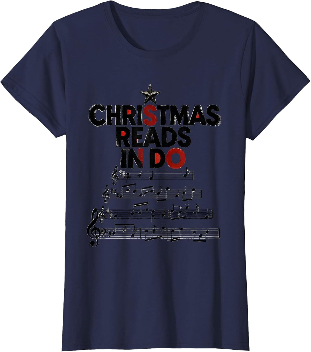 Women's Christmas Reads In Do Wood Type Letterpress Music Teacher T-Shirt - Navy Blue