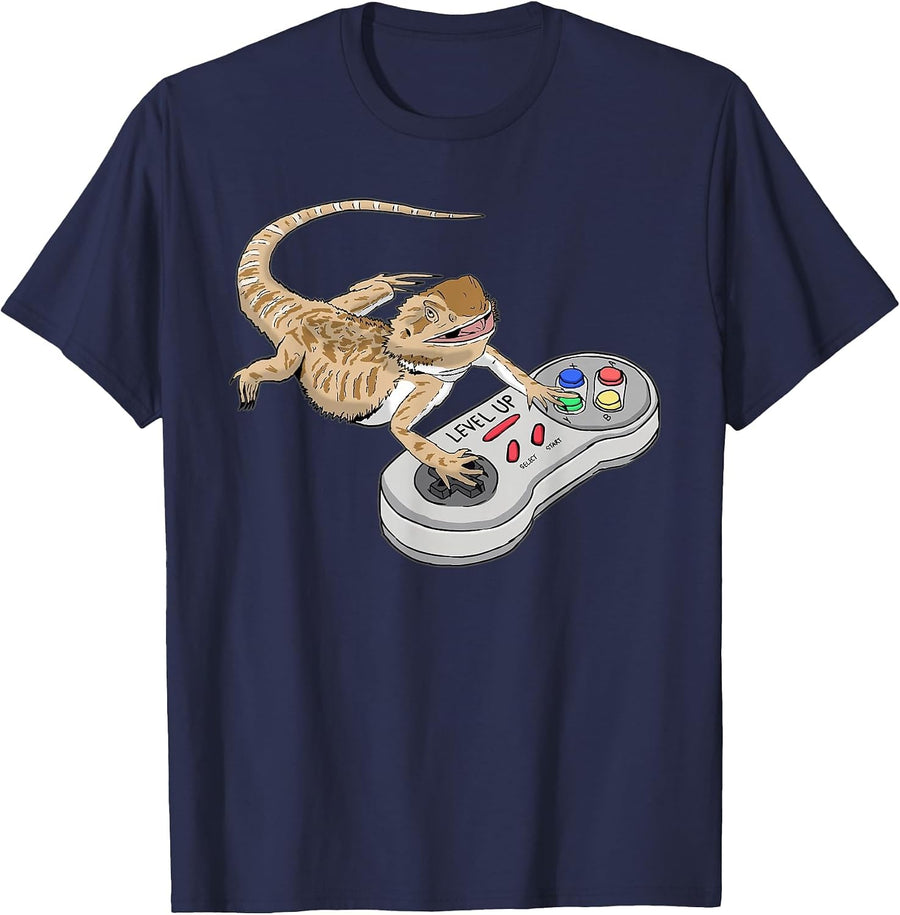 Bearded Dragon Playing Video Game Reptiles Pagona Gamers T-Shirt - Navy Blue