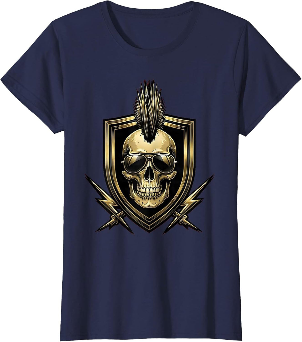Women's 80s Band Mohawk Skull Aviator Sunglasses Design T-Shirt - Navy Blue