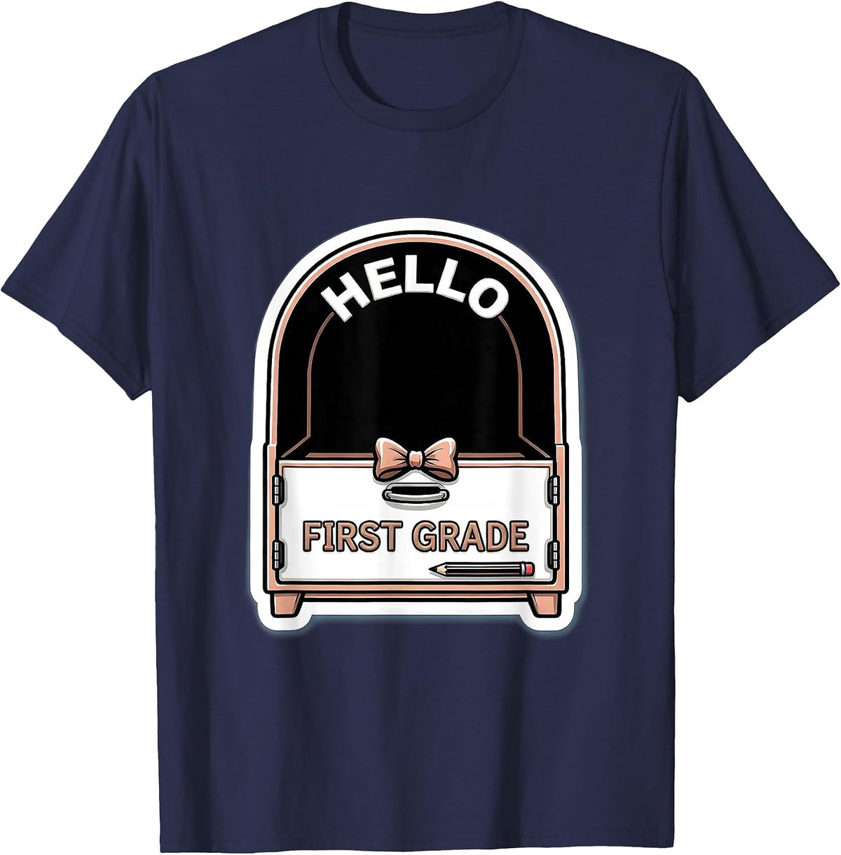 Men's Hello First Grade Cute Coquette Bow Pencil Back to School T-Shirt - Navy Blue