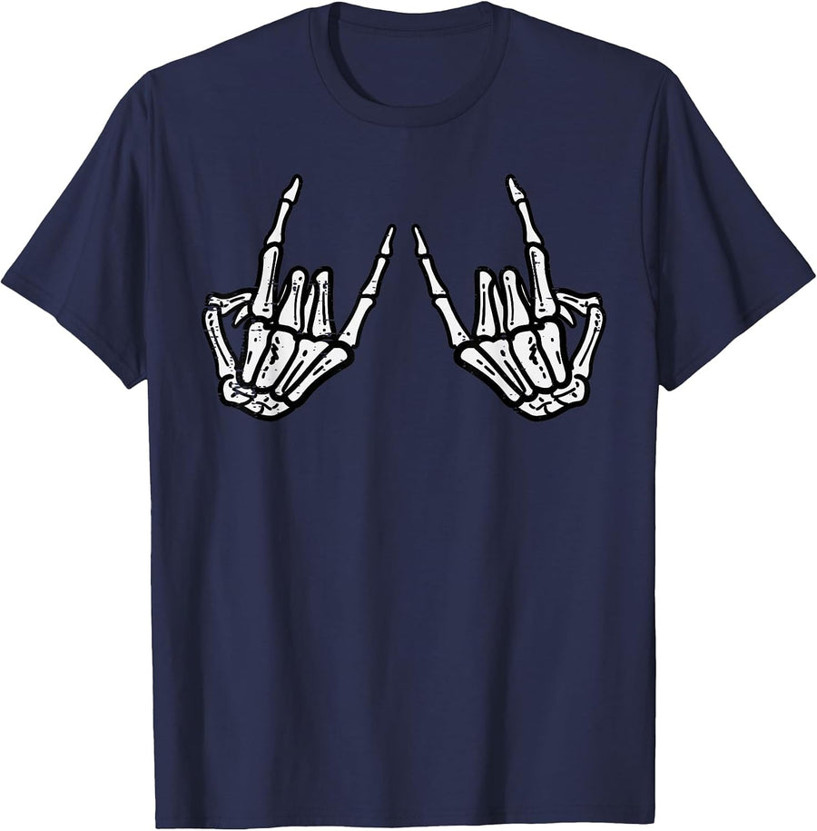 Rocker Hand Sign Rock Skeleton Retro Halloween Men Women T-Shirt - Navy Blue