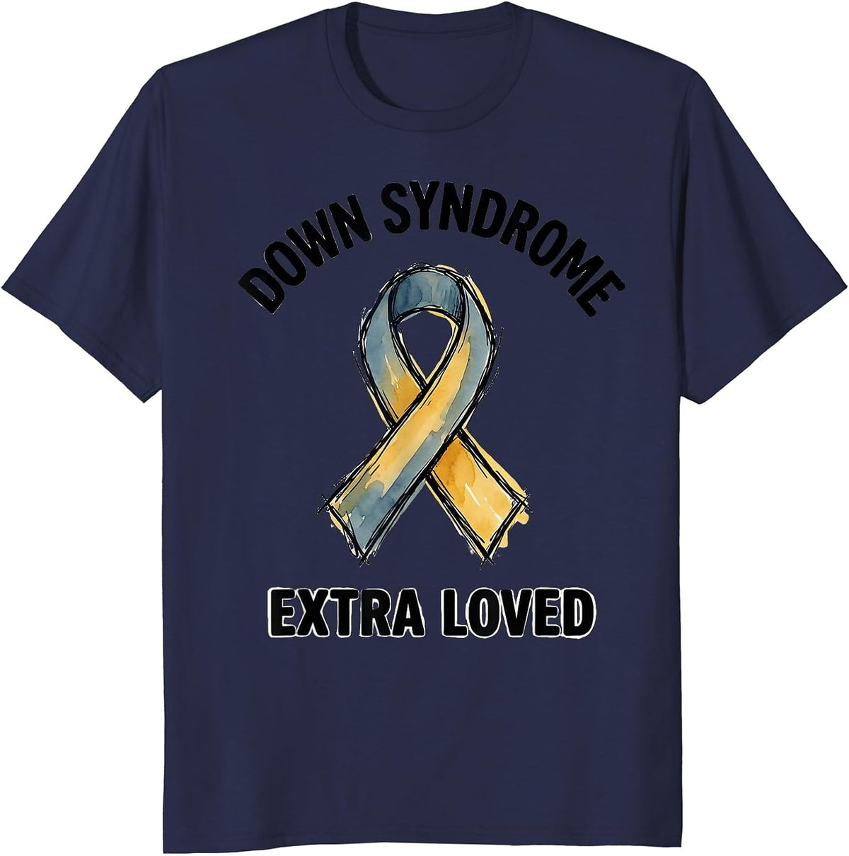 Down Syndrome Extra Loved Hand-Sketched Awareness Ribbon T-Shirt - Navy Blue