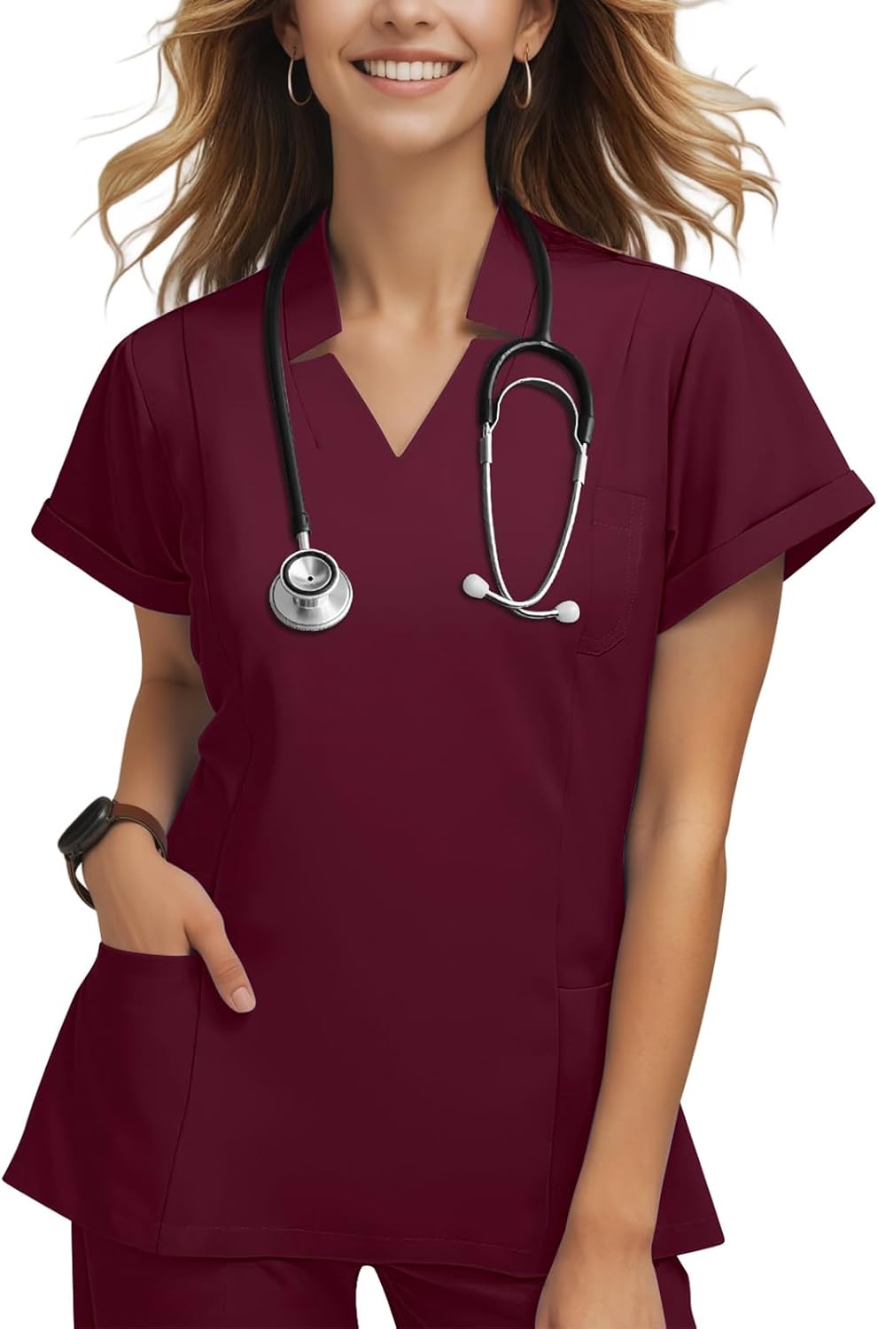 Women's Collared V-Neck Scrub Top, Short Sleeve Stretch Medical Uniform - Burgundy Red