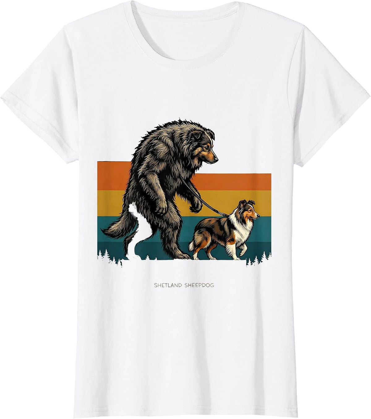 Shetland Sheepdog Bigfoot Retro Cryptid Dog Lover Novelty T-Shirt - White