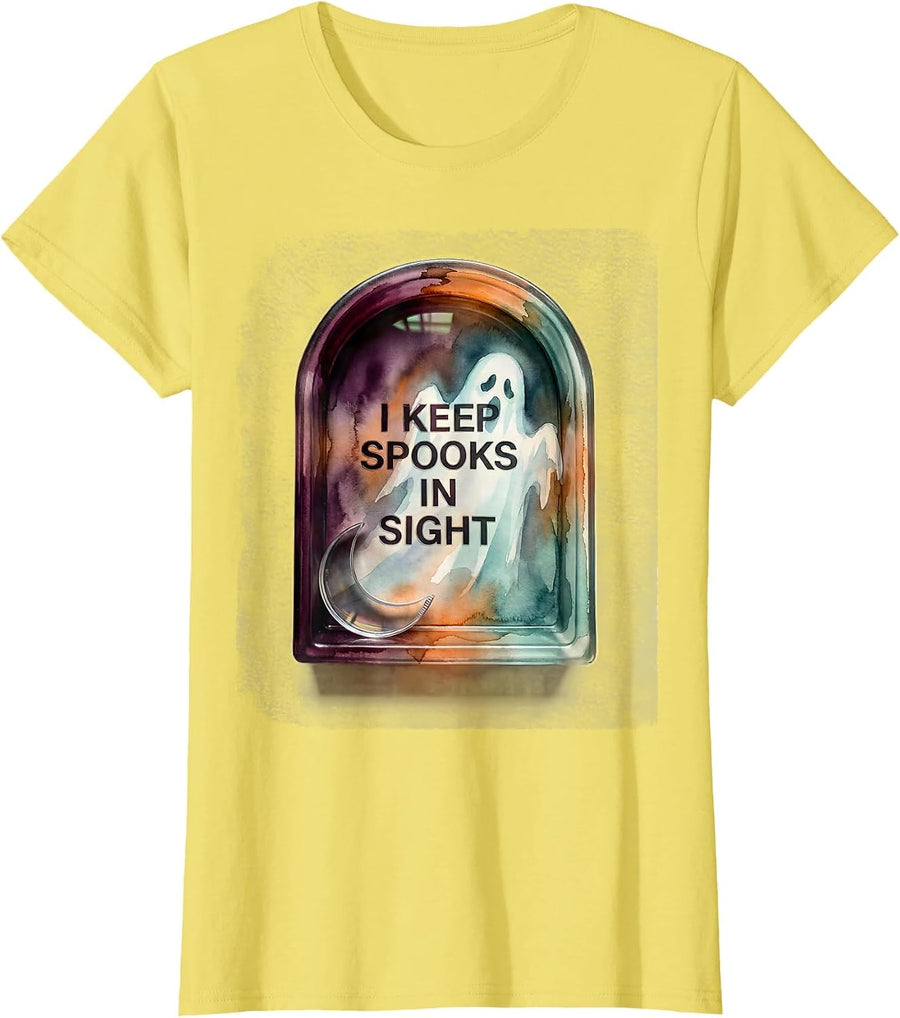 Women's I Keep Spooks In Sight Watercolor Halloween Optometrist Eye T-Shirt - Lemon Yellow