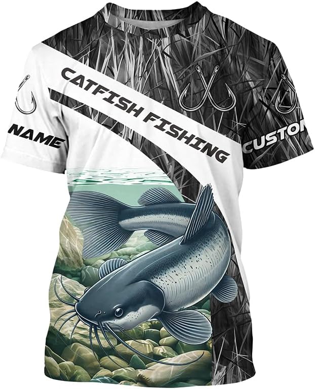 Gray Camo Custom Catfish Fishing Long Sleeve Fishing Shirts, Catfish Fishing Jerseys - T-shirt Upf