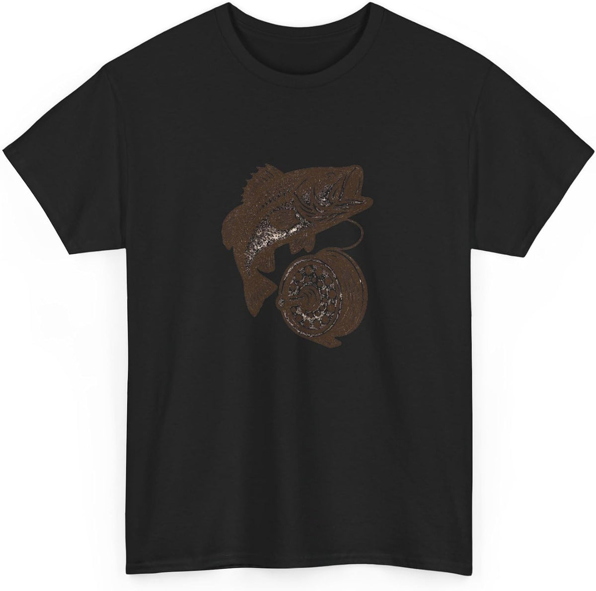 Vintage Fly Fishing Reel Bass T-Shirt Retro Angler Club Woodcut Graphic Tee Outdoor Fisherman Gifts for Men Women - Black