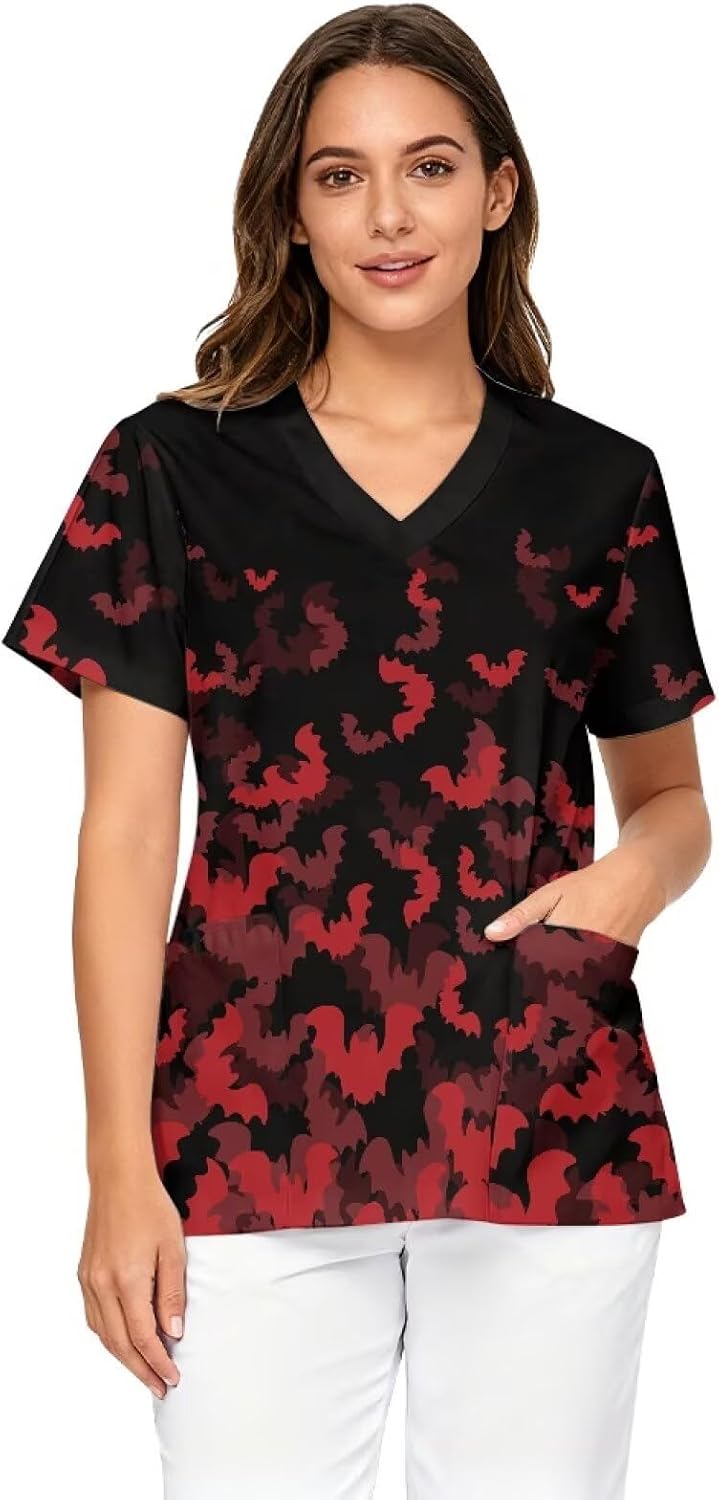 Scrubs for Women V Neck Medical Scrub Tops Size S - 5XL - Halloween Bats Print Red Black