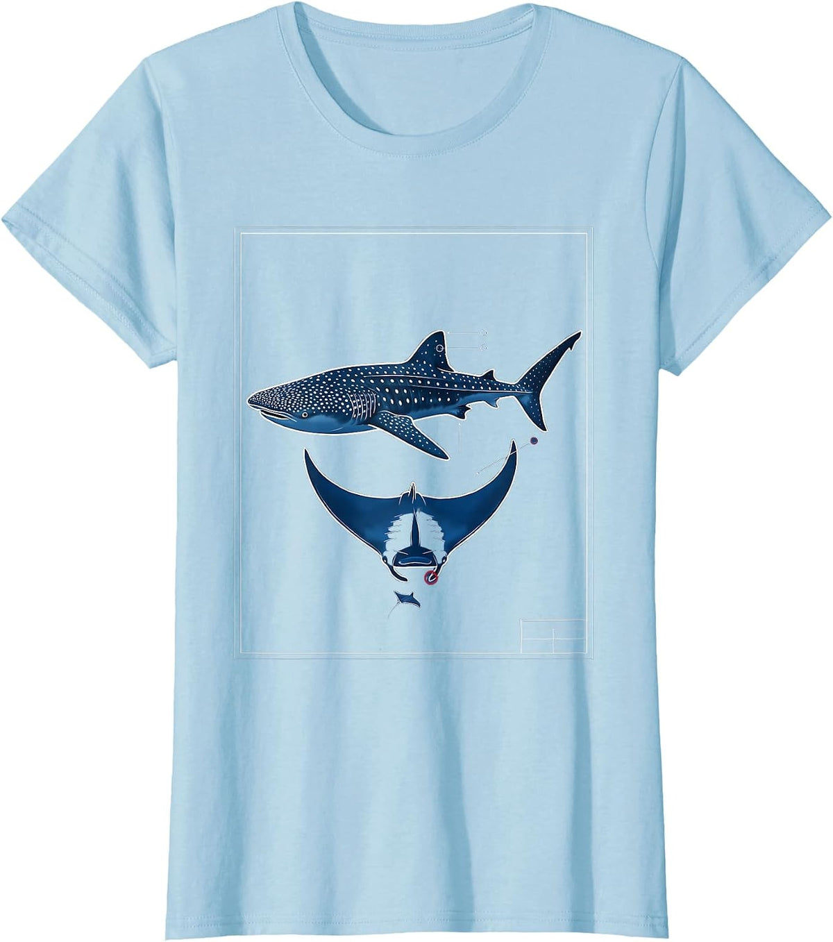 Interlocked Whale Shark Manta Ray Technical Blueprint Ocean T-Shirt - Baby Blue