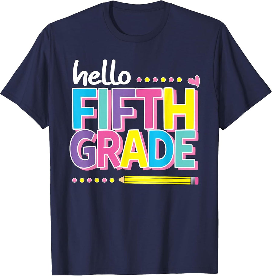 Hello Fifth 5th Grade First Day Back to School Teacher Girls T-Shirt - Navy Blue