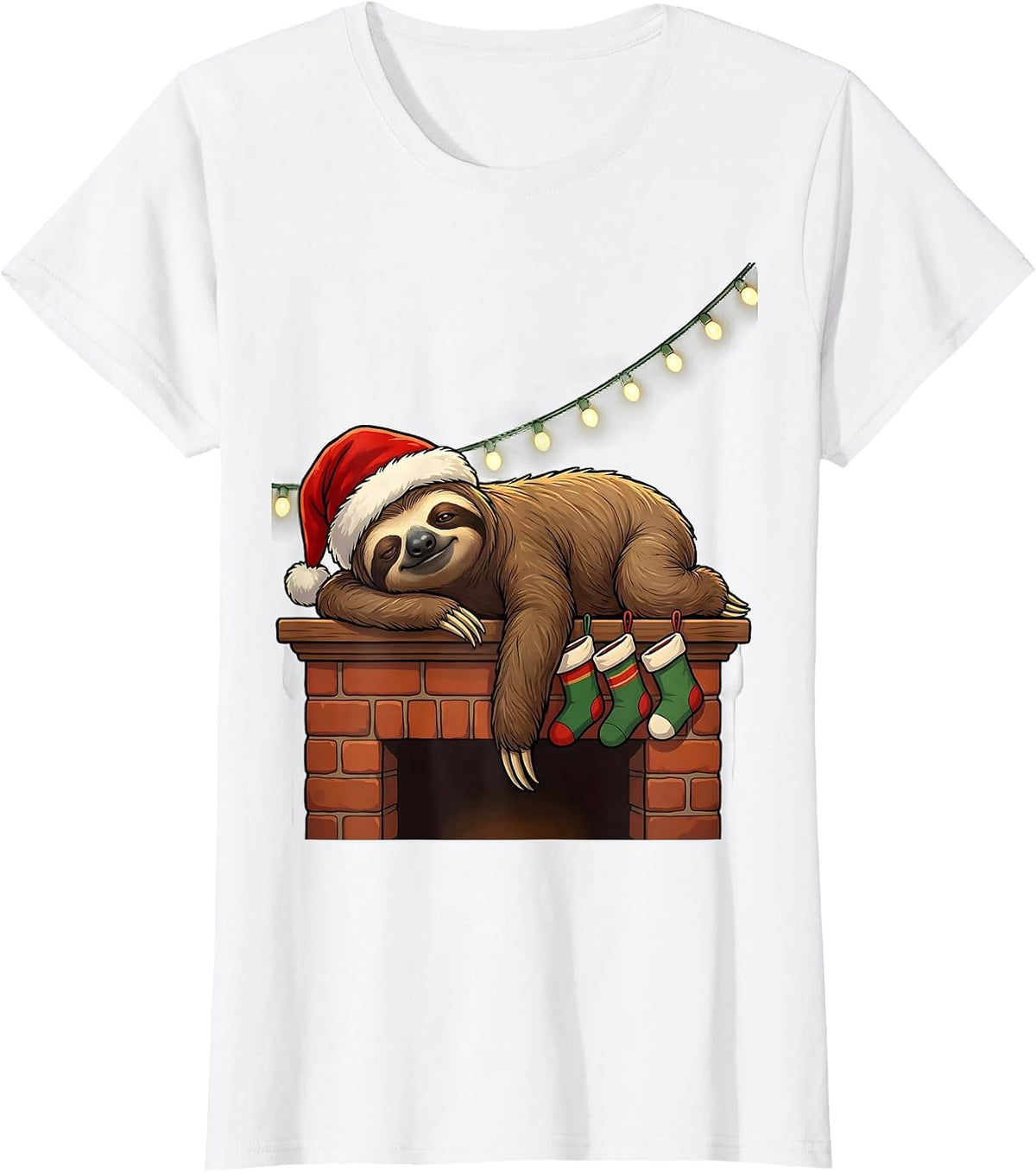 Sloth Santa Hat Christmas Lights Funny Ugly Holiday T-Shirt - White