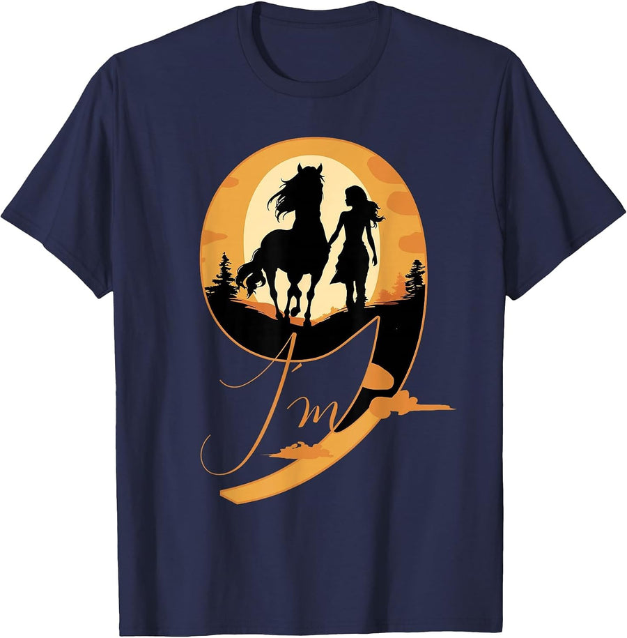 9th Birthday Horse 9 Years Girls Horses Rider T-Shirt - Navy Blue