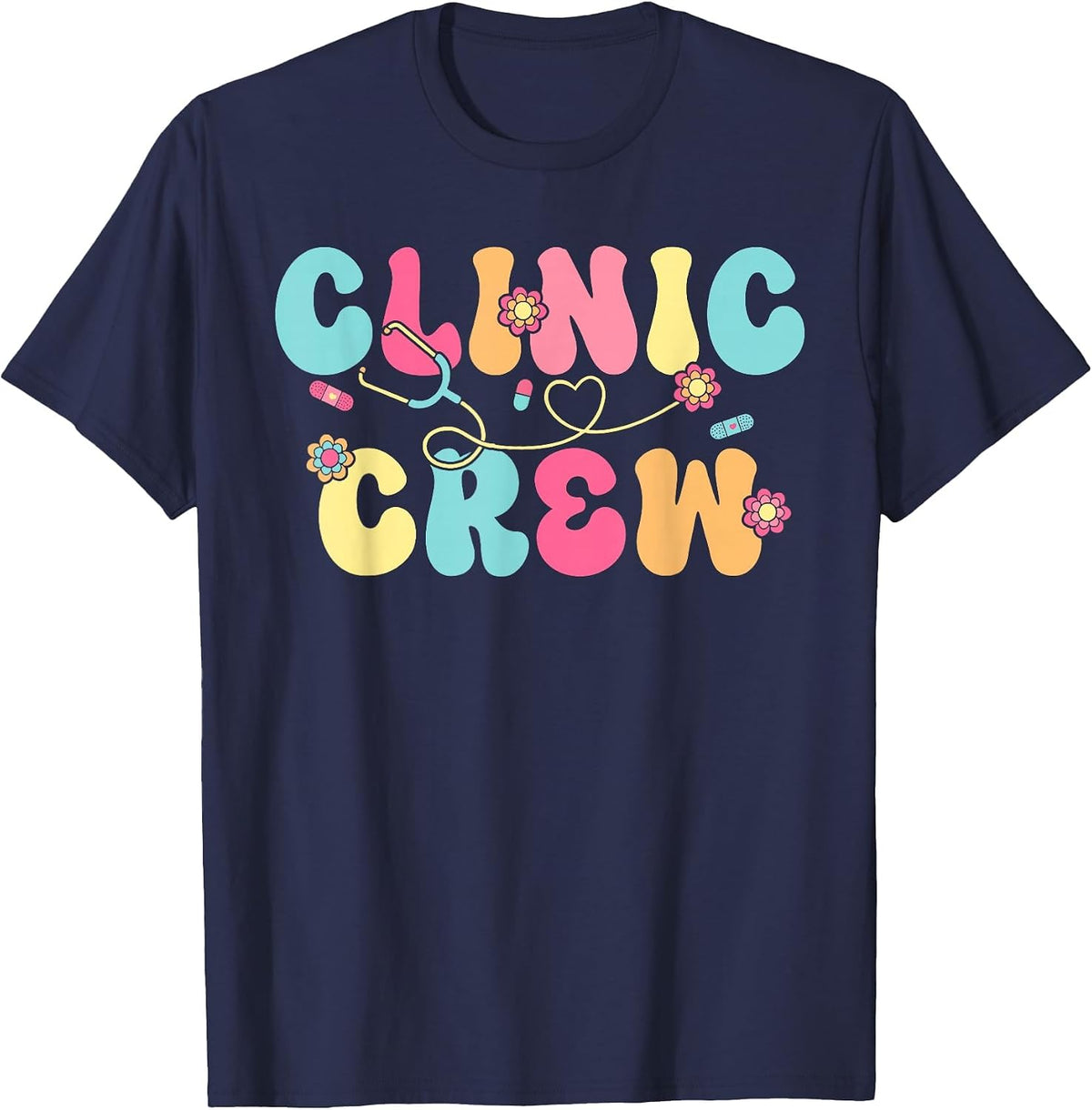 Clinic Crew for School Nurse Groovy (On Back) T-Shirt - Navy Blue