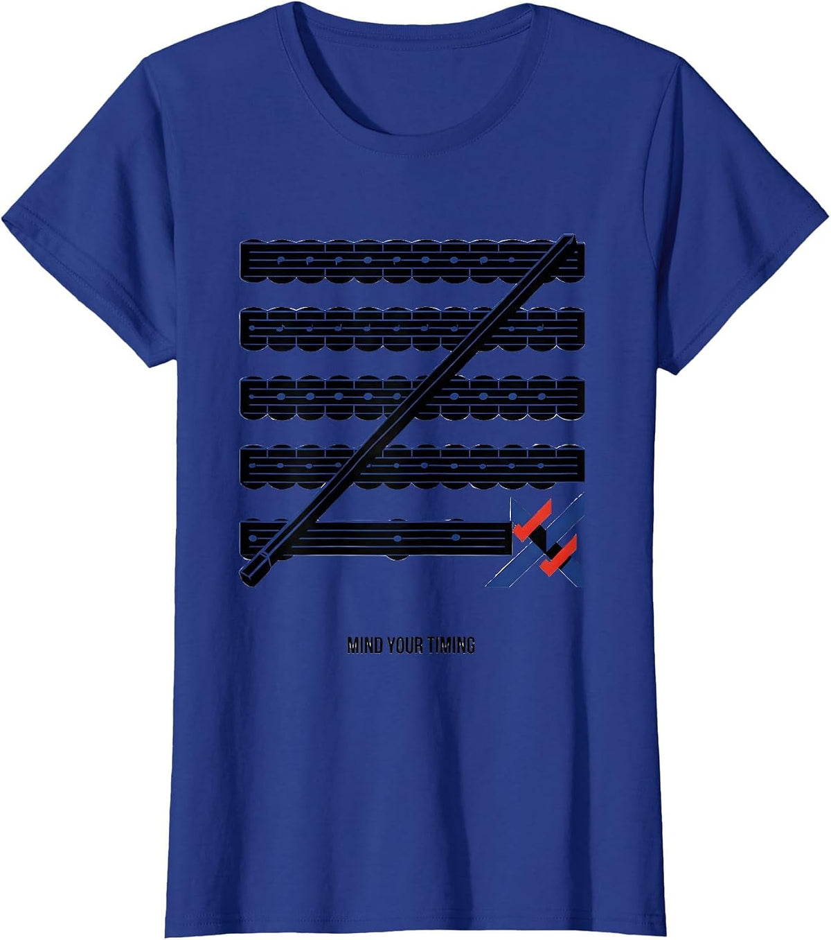 Women's Mind Your Timing Geometric Music Teacher Pun Humor Gift T-Shirt - Royal Blue