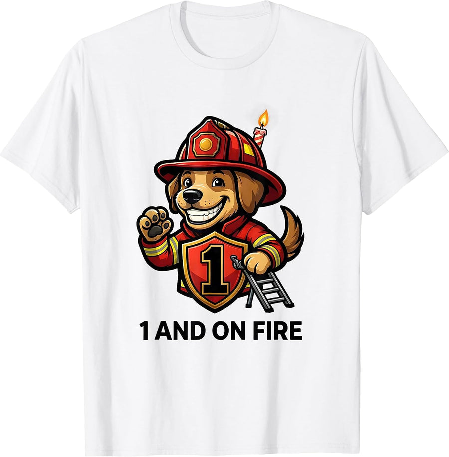 Men's 1 And On Fire Playful Firefighter Mascot for Kids Birthday T-Shirt - White