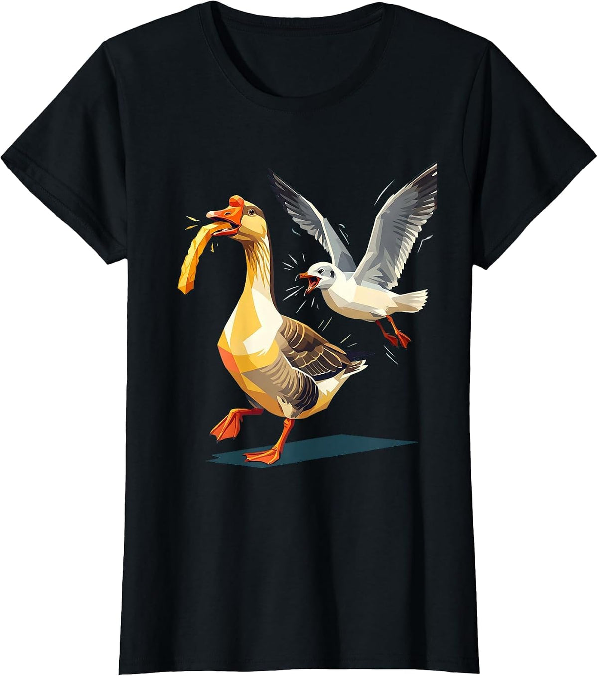 Silly Goose Stealing French Fry From Seagull T-Shirt - Black