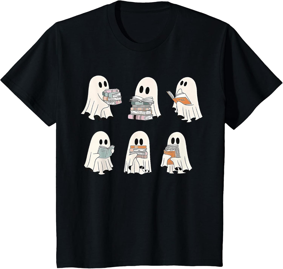 Retro Ghost Reading Books, Halloween Bookish Ghost Bookworm T-Shirt - Black