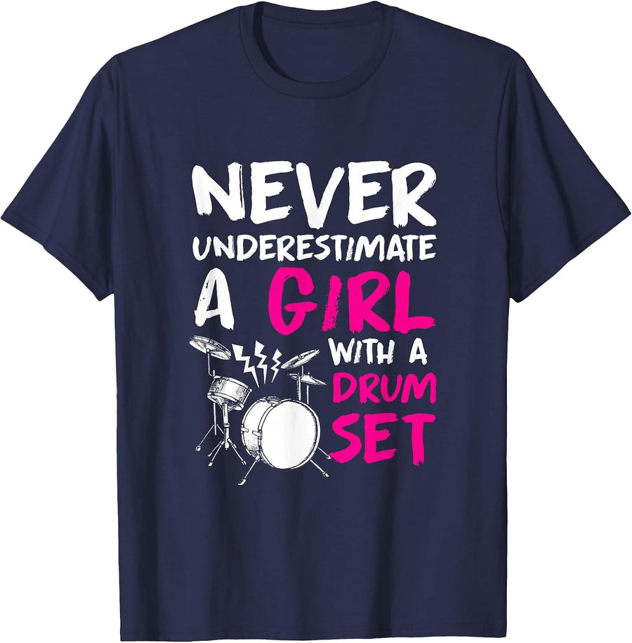 Drummer Woman Wife Drum Kit T-Shirt - Navy Blue