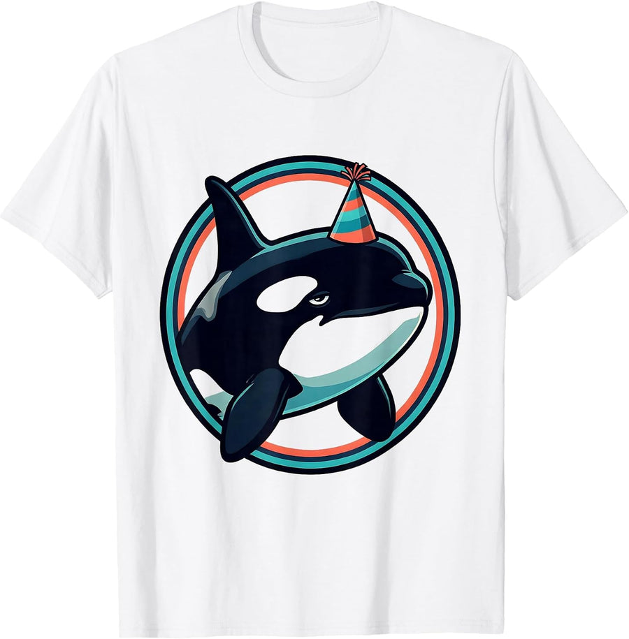 Men's Orca Whale Tiny Party Hat Humor Wildlife Lover T-Shirt - White