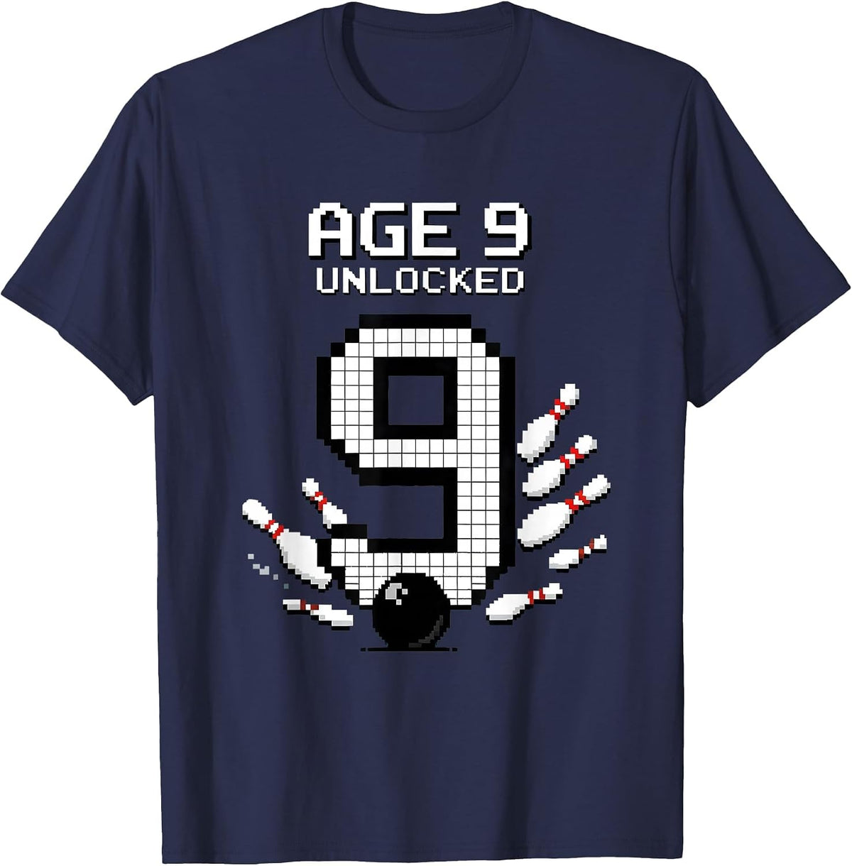 Men's Age 9 Unlocked Pixel Art Bowling Birthday Party 9th Birthday T-Shirt - Navy Blue