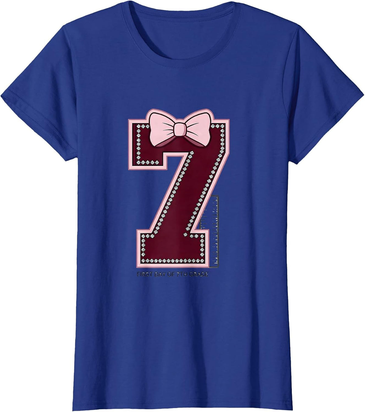Women's First Day Of 7th Grade Sparkle Varsity Coquette Bow Back T-Shirt - Royal Blue