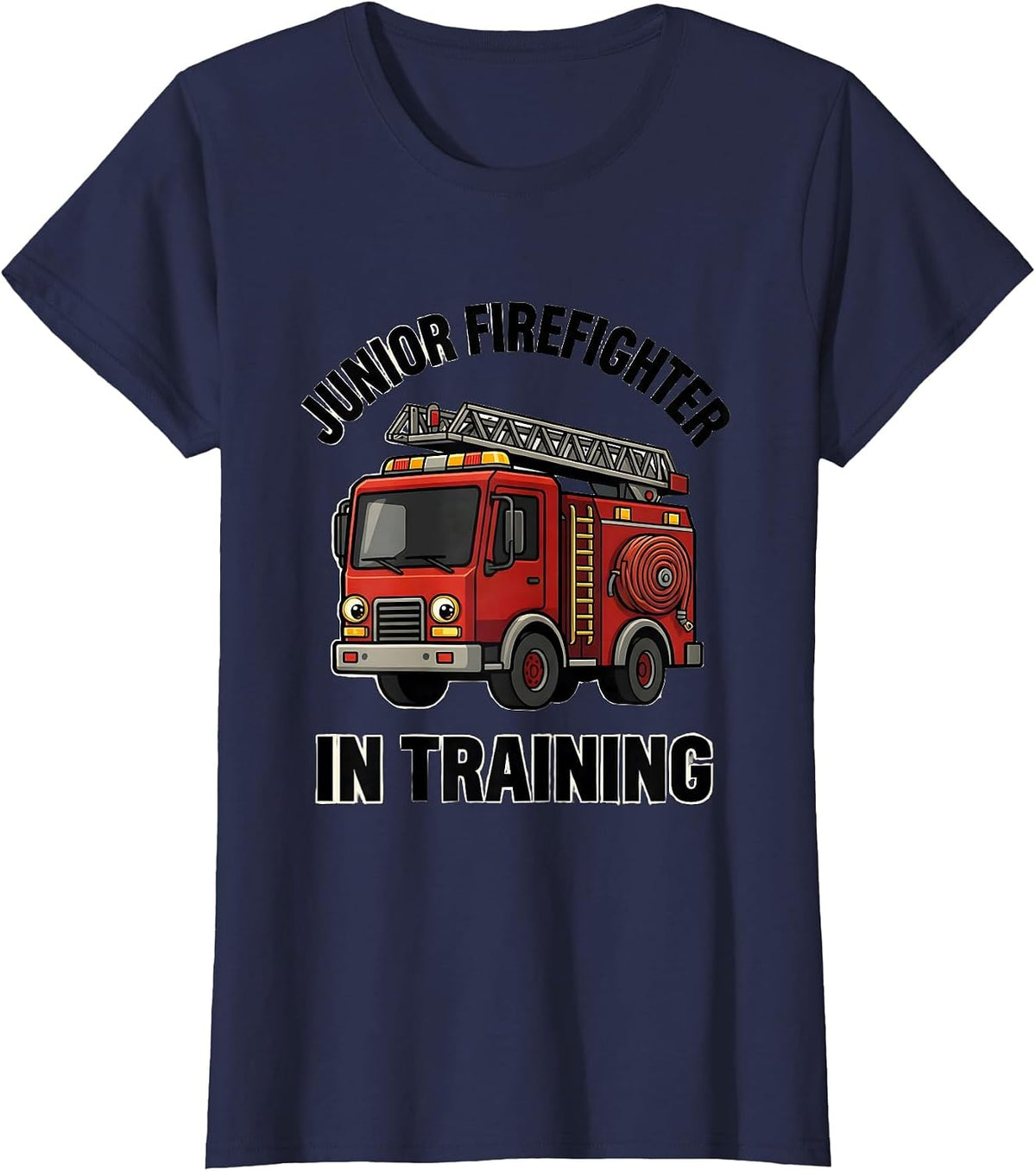 Women's Junior Firefighter In Training Bold Cartoon Fire Truck Kids T-Shirt - Navy Blue