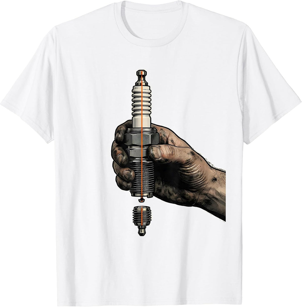 Men's Mechanic Grease Hand Spark Plug Graphic Tee T-Shirt - White