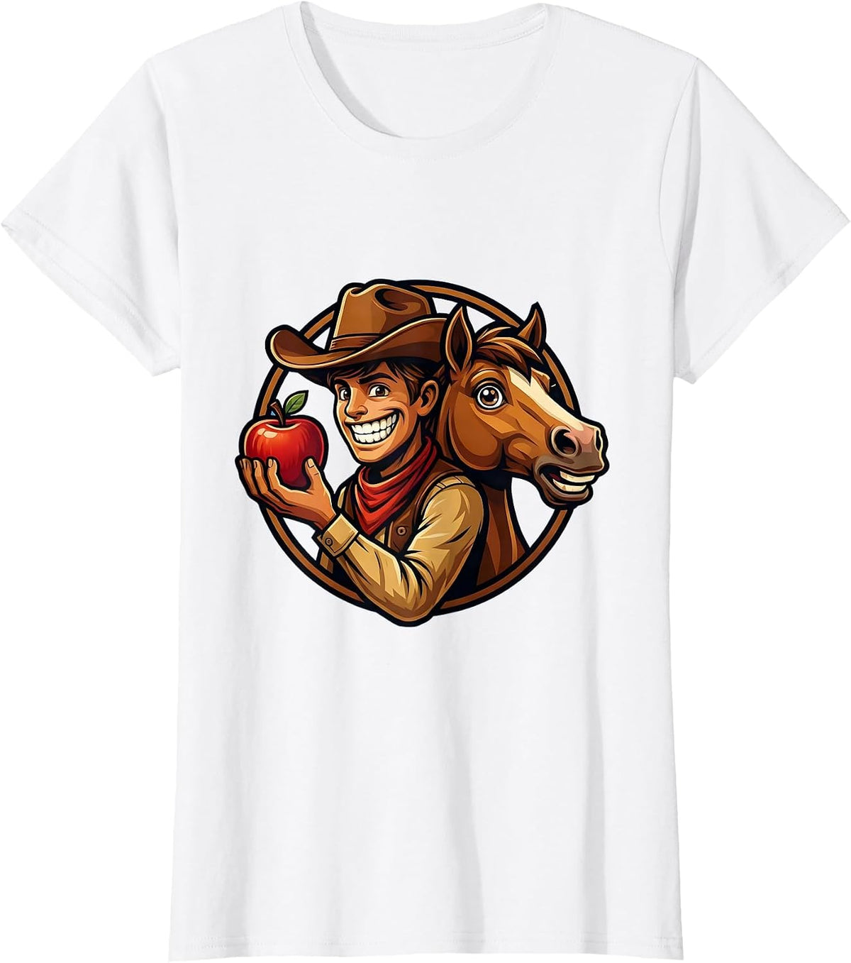 Women's Young Cowboy Feeding Apple to Horse Illustration T-Shirt - White