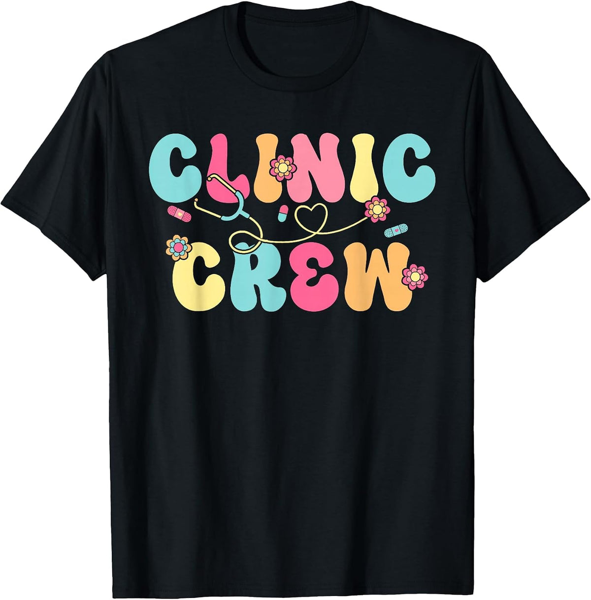Clinic Crew for School Nurse Groovy (On Back) T-Shirt - Black