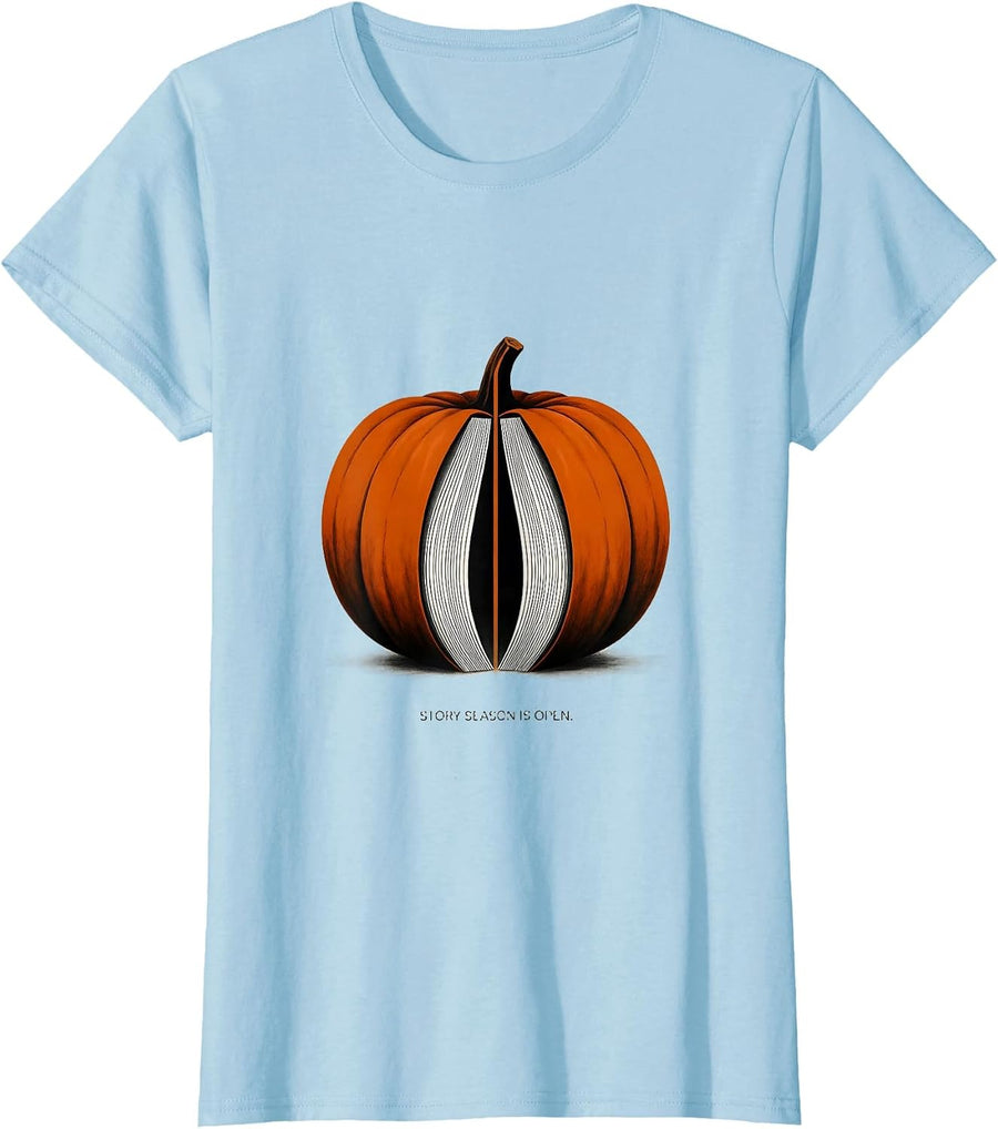 Women's Story Season Is Open Minimalist Pumpkin Teacher Reading Love T-Shirt - Baby Blue