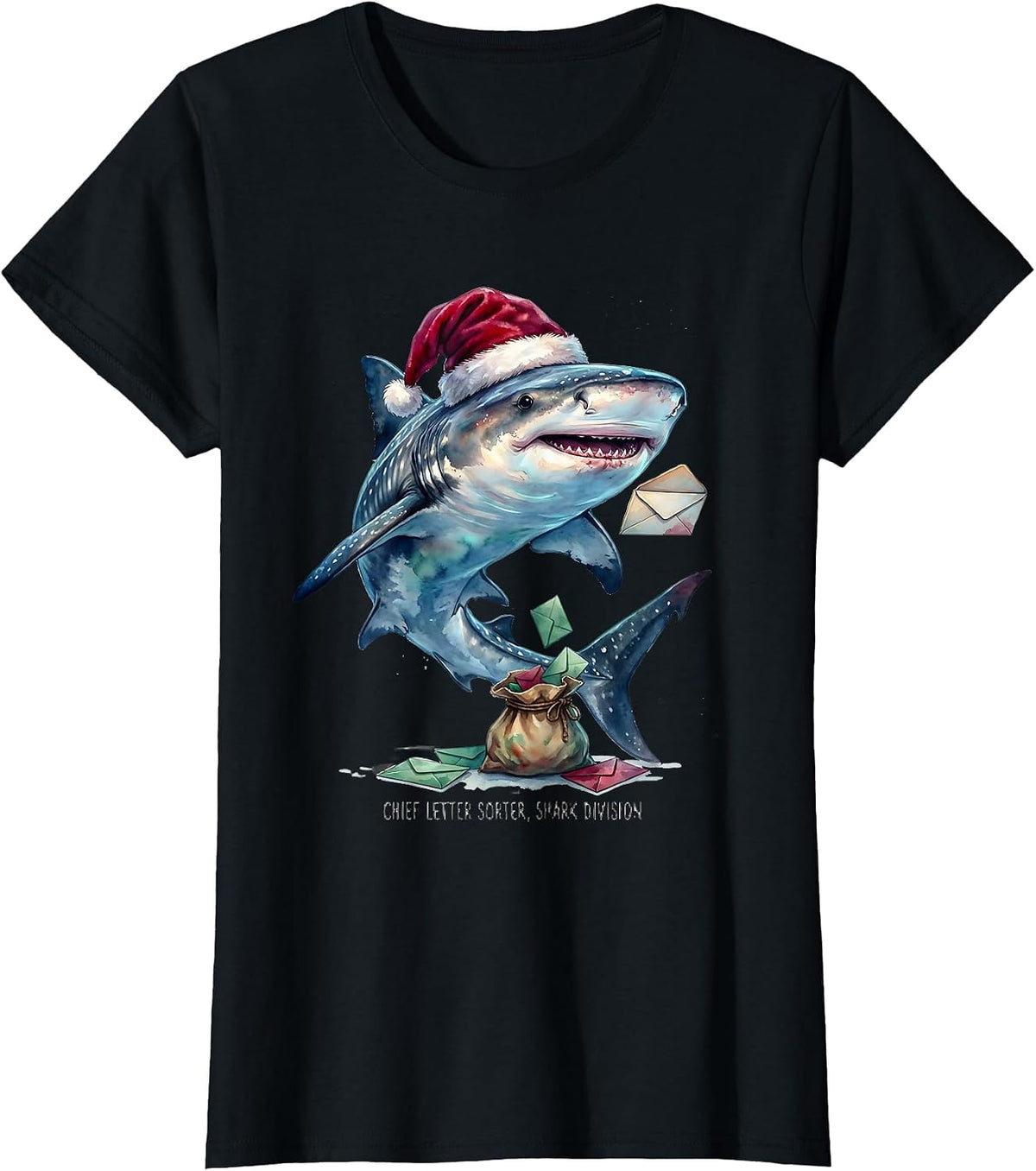 Chief Letter Sorter, Shark Division Watercolor Santa Shark T-Shirt - Black