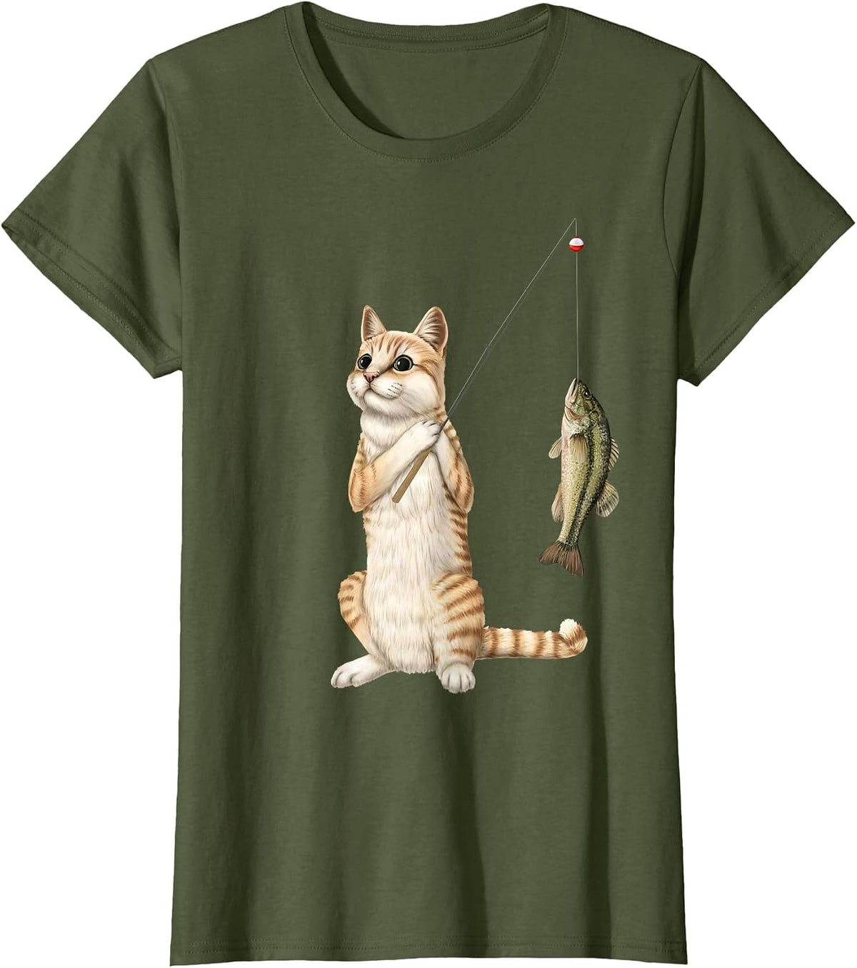 Fishing cat with a bass T-Shirt - Olive Green