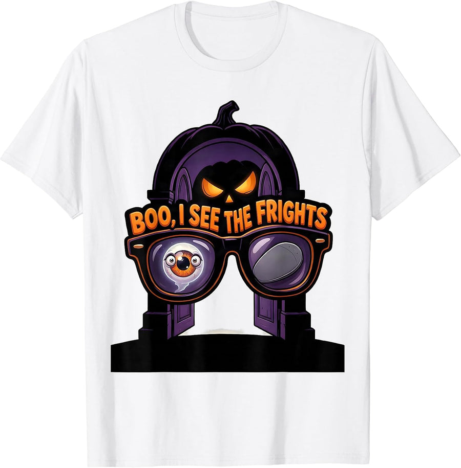 Men's Boo I See The Frights Cartoon Halloween Optometrist Eye T-Shirt - White