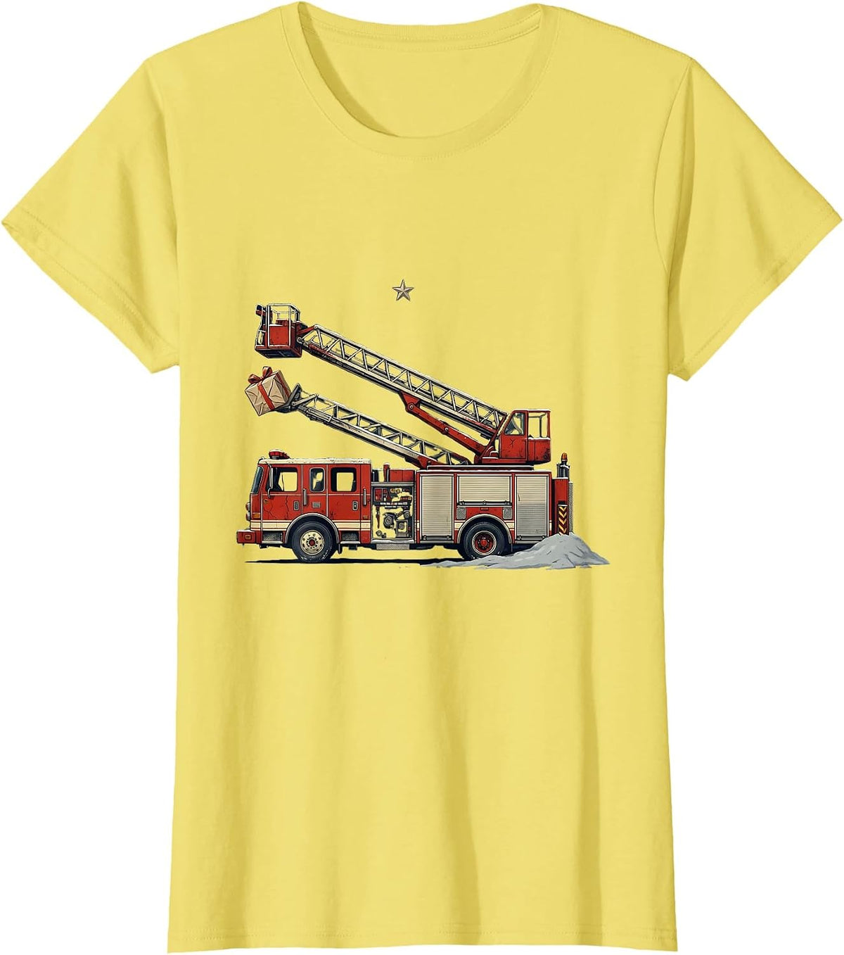 Women's Fire Engine Ladder Rescue Distressed Firefighter Christmas T-Shirt - Lemon Yellow
