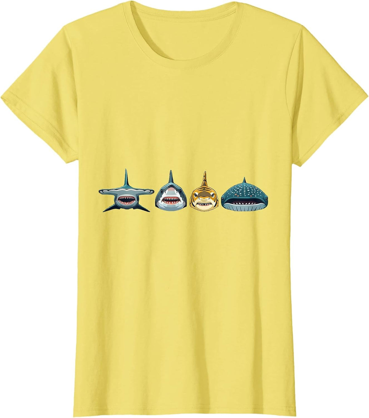 Shark Faces Flat Vector Ocean Wildlife Animal Lover T-Shirt - Lemon Yellow