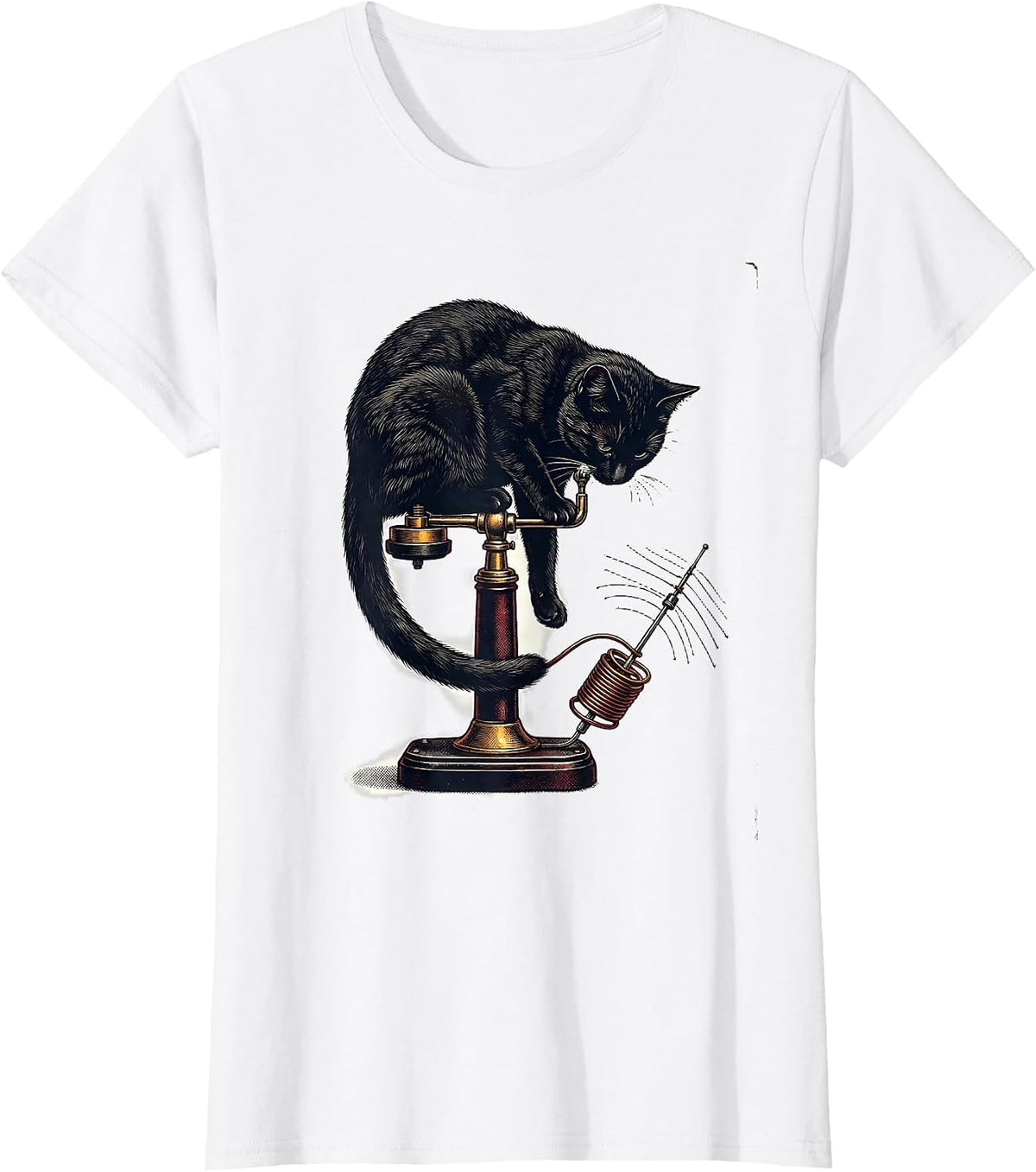 Women's Curled Cat on Telegraph Key Vintage Ham Radio Humor T-Shirt - White