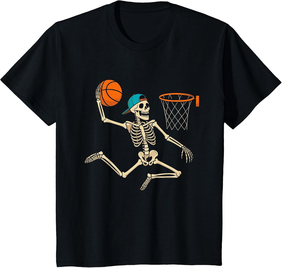 Funny Skeleton Playing Basketball Lovers Halloween for Boys T-Shirt - Black