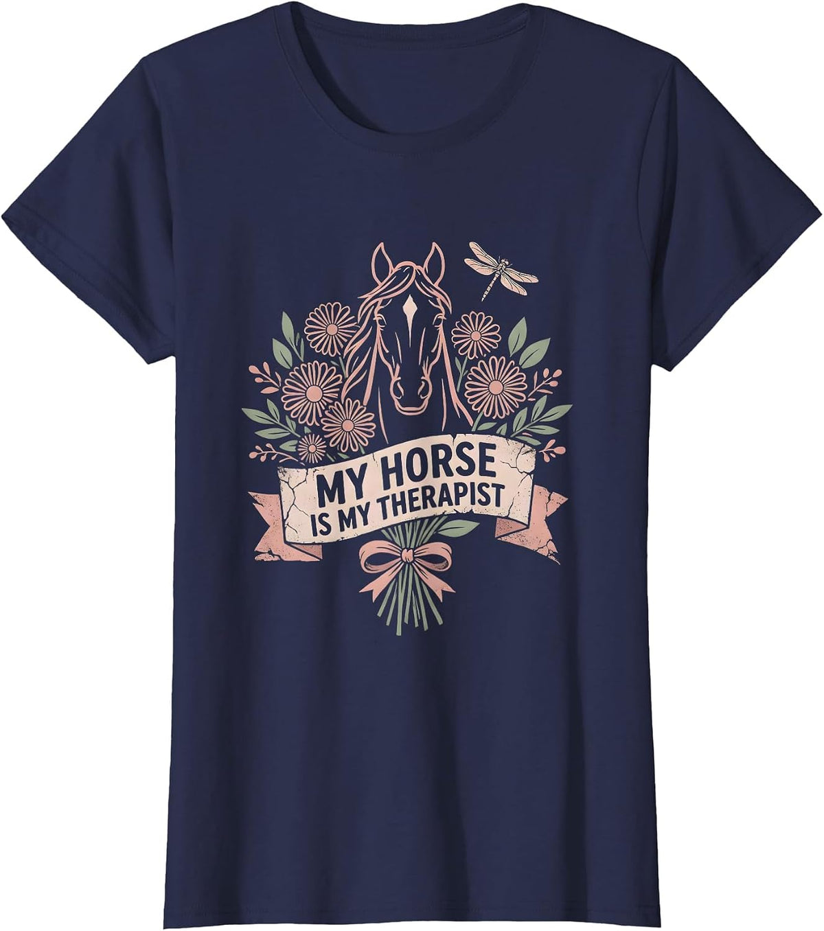 Women's My Horse Is My Therapist Equestrian Design T-Shirt - Navy Blue