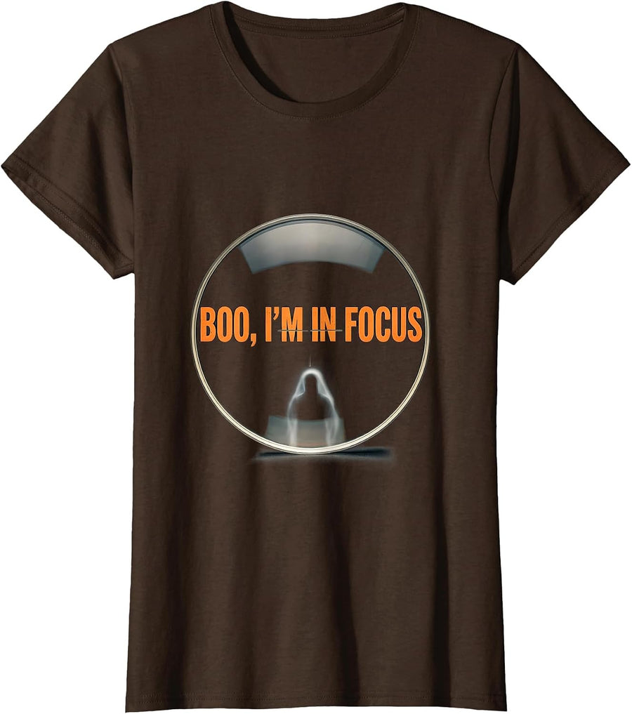 Women's Boo I'm In Focus Minimalist Halloween Optometrist Eye Doctor T-Shirt - Brown