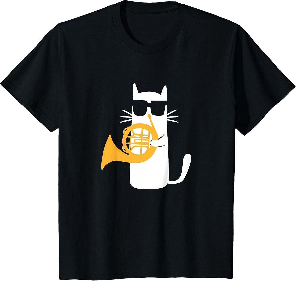 Cat French Horn Funny Cat Lover T-Shirt - Black