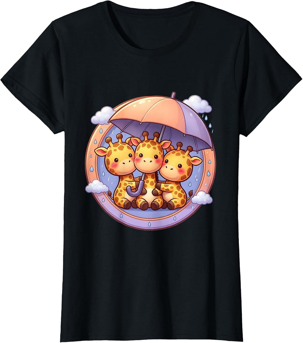 Three Giraffes Sharing an Umbrella Illustration T-Shirt - Black