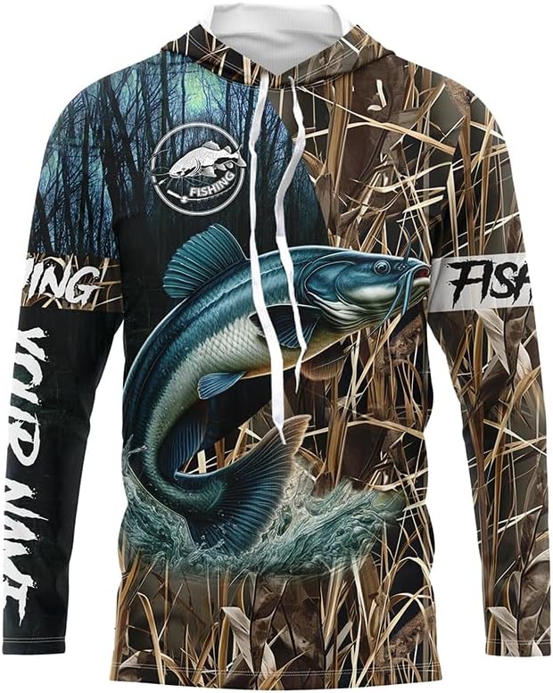 Catfish Fishing Camo Performance Fishing Shirt UV Protection Custom Name Long Sleeves Fishing Shirt - Long Sleeves Hooded Upf