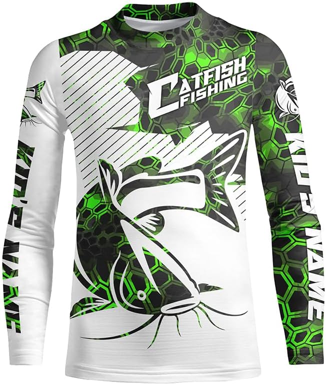 Custom Catfish Long Sleeve Tournament Fishing Shirts, Catfish Fishing Jerseys | Green Camo - Kid Long Sleeves Upf