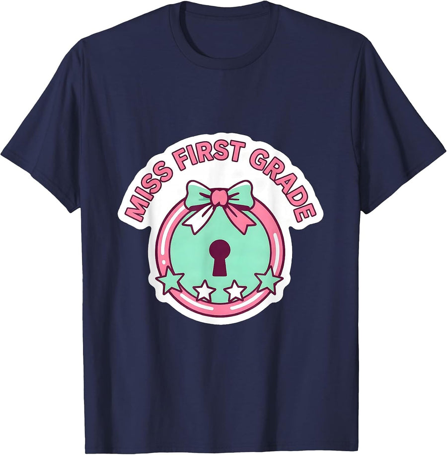 Miss First Grade Cute Coquette Back To School Girls Kids T-Shirt - Navy Blue
