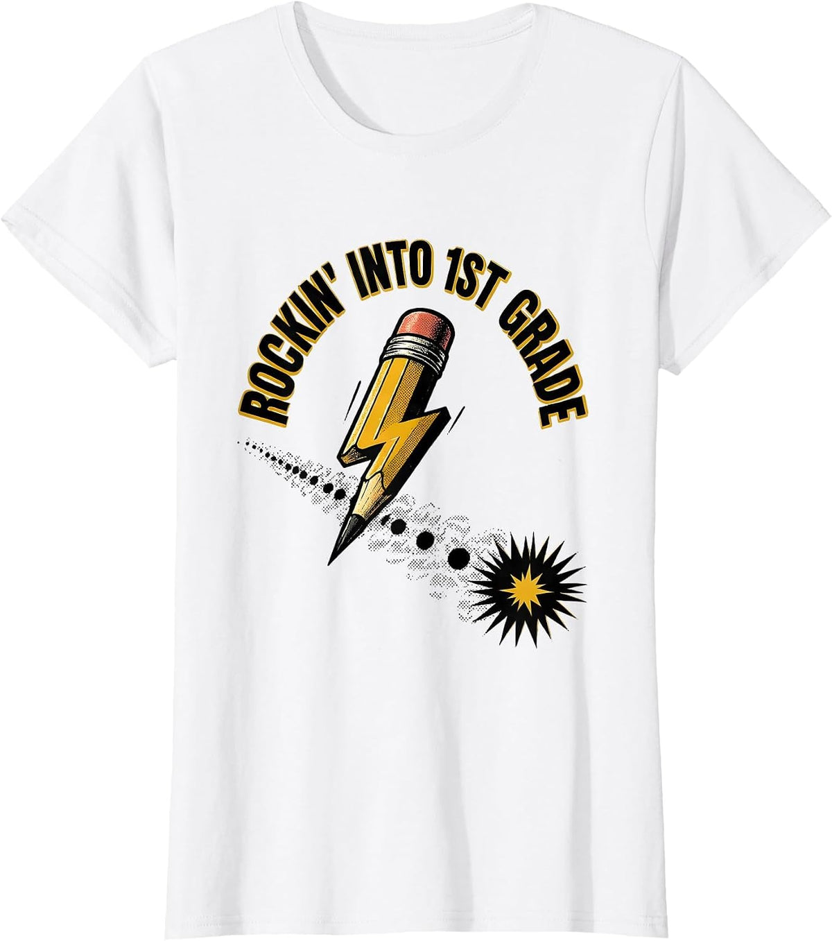 Rockin Into 1st Grade Playful Pencil Rock Music Parody Back T-Shirt - White