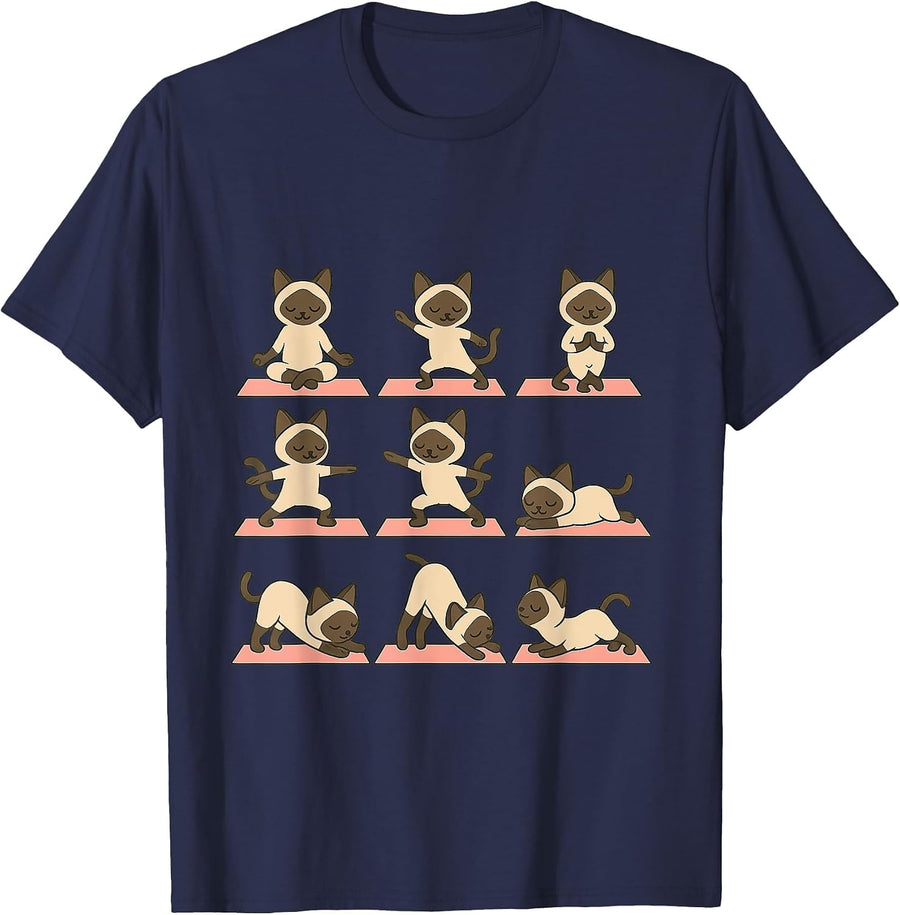 Siamese Cat Doing Yoga Vegan Kawaii Zen T-Shirt - Navy Blue