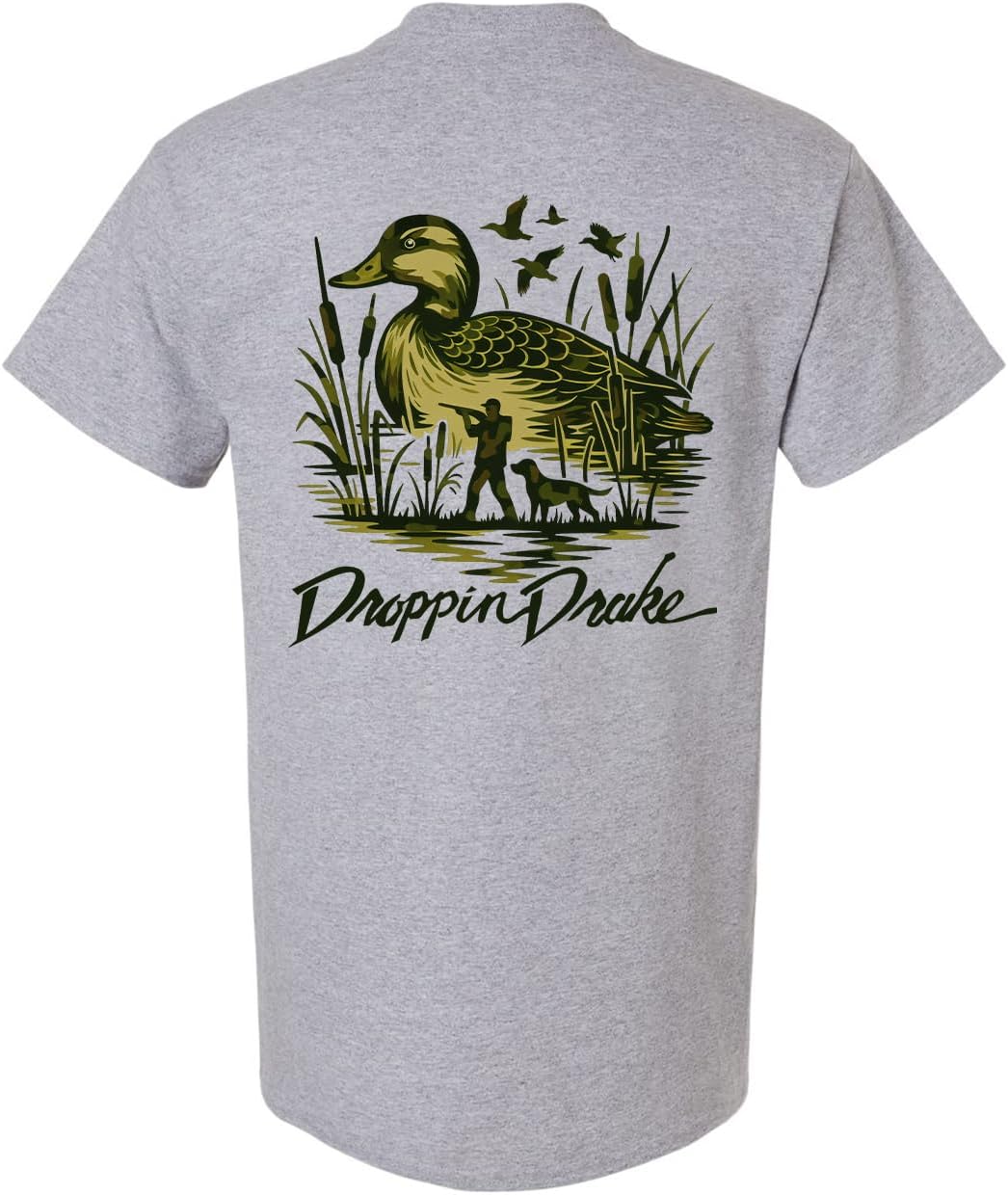 Southern Apparel Men's Duck Hunting T-Shirt - Camouflage Labrador Retriever with Hunter and Duck Graphic Tee - Sports Grey