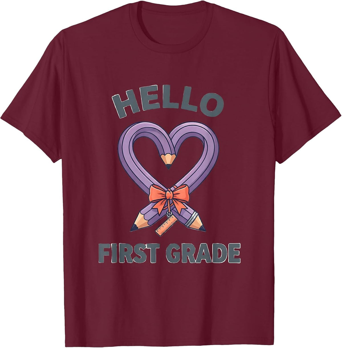 Hello First Grade Cute Coquette Back To School Pencil T-Shirt - Burgundy