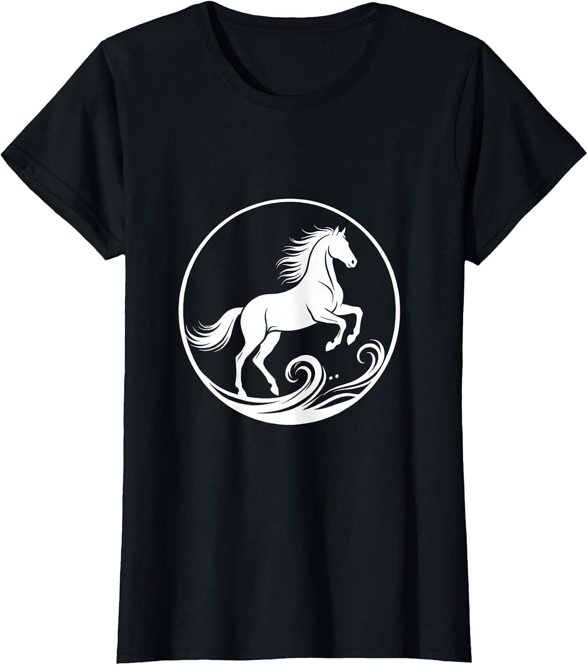 White Horse Galloping Ocean Waves Freedom Design T-Shirt - Black