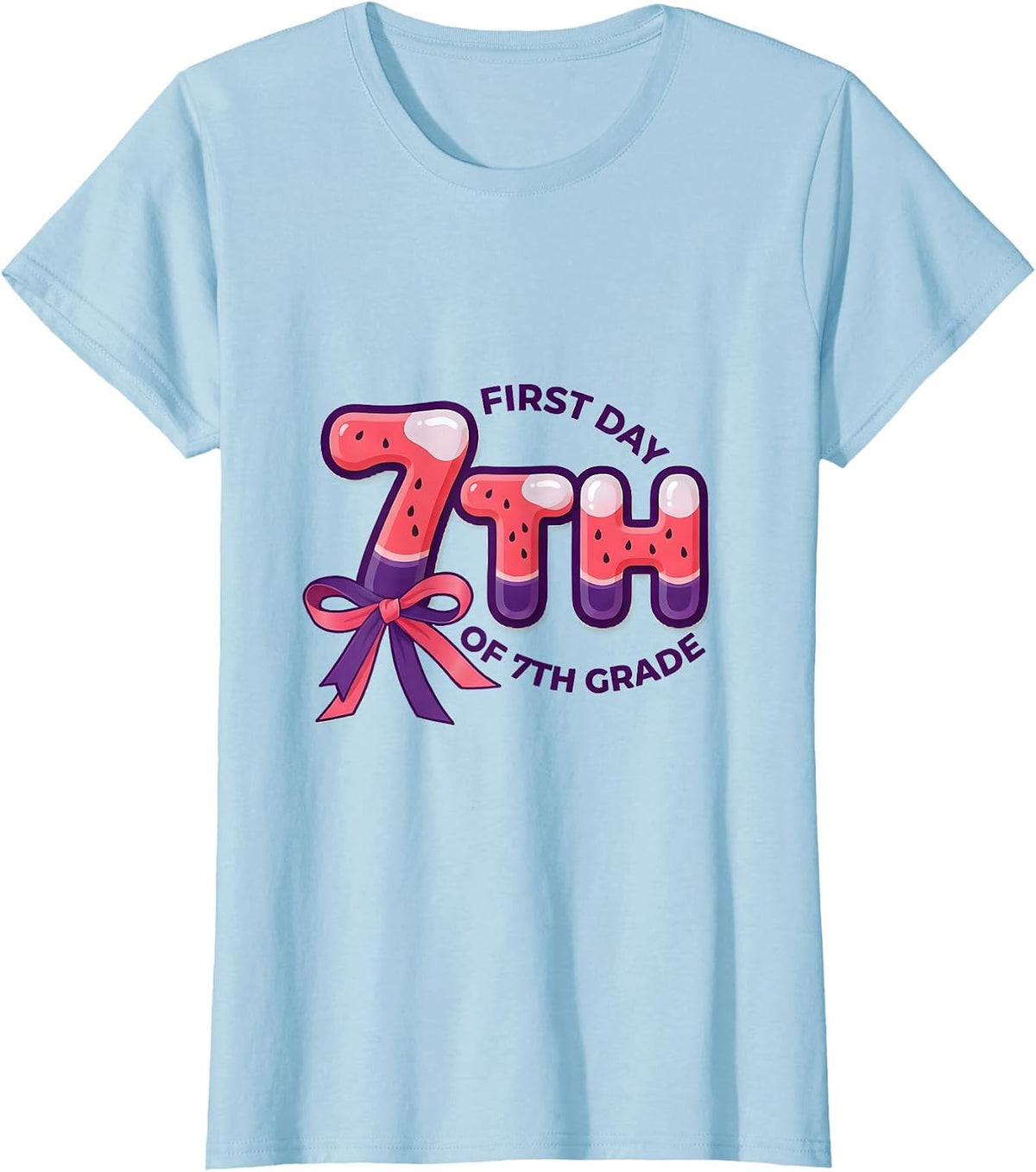Women's First Day Of 7th Grade Coquette Bow Back To School T-Shirt - Baby Blue
